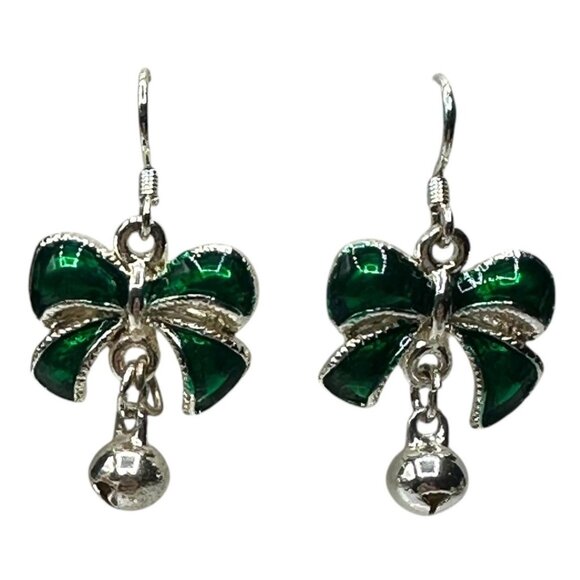 Green Bow & Bell Dangle Earrings Silver-Tone Hook Christmas Fashion Jewelry - Picture 1 of 7